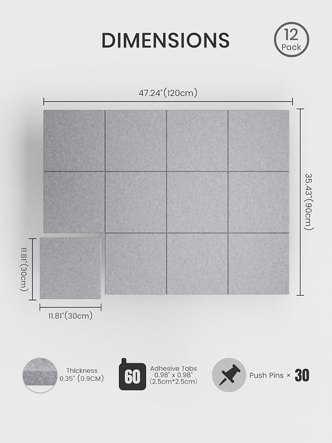 Bumusty 48"x 36" Large Felt Bulletin Board Tiles, Soft Gray | 12-Pack Cork Board Alternative, Wall Decor, 30 Pushpins, 60 Adhesive Tabs, Vision Board, Office, Classroom, Home, Dorm