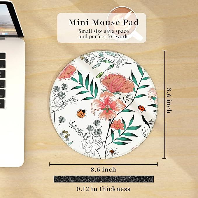 Hancynir Floral Round Mouse Pad, Small Mousepad for Office Desk Laptop | Mouse Mat for Computer, Non-Slip Rubber Base, Office Desk Decor, Gifts for Work Coworker Teacher, 8.6 Inch, Stitched Edges