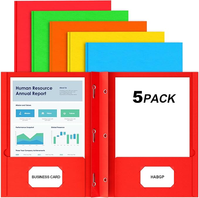 2 Pocket Folders with Prongs, 5 Pack Paper Folders with Pockets & 3 Prongs | Assorted 5 Colors, Fit Letter Size Paper, for Organizing Files in School, Office, Business