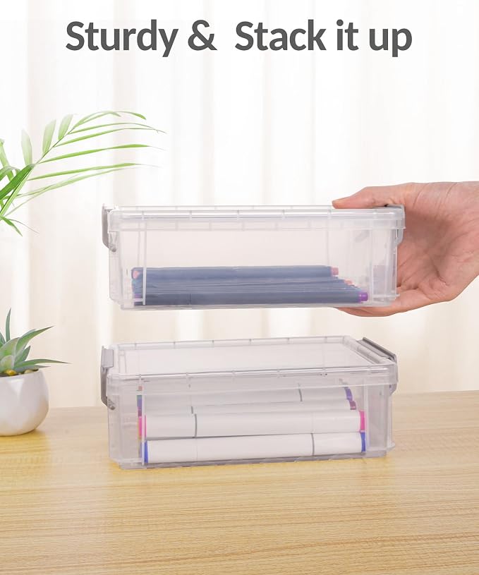 Sooez 6 Pack Small Plastic Containers with Lids, 6.4" x 4.4" x 2.7" | Clear Crayon Box Pencil Case, Stackable Stroage Organizer for Beads Craft Art Supplies, Storage Bins for Jewelry Stickers