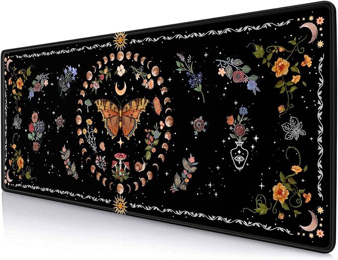 Gothic Moth Desk Pad Mat, Black Orange Large Mousepad, Moon Phases Desk Matt for Desktop, Suitable for Work, Gaming, Office, Home, Computer Accessories, 31.5 X 11.8 in, Floral Plant Aesthetic