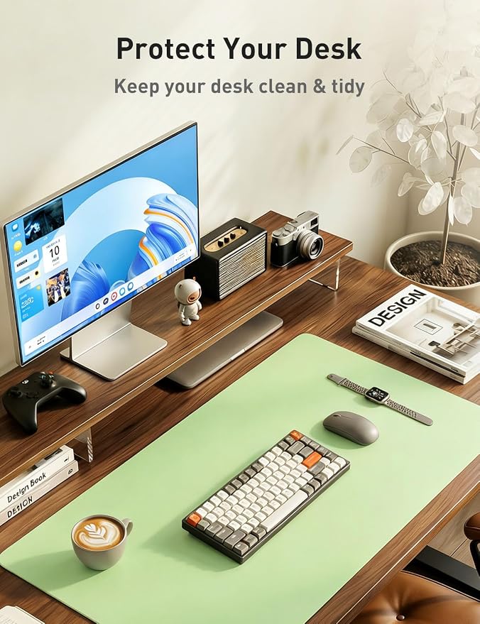 Aothia Faux Leather Desk Mat - Non-Slip PU Leather Desk Blotter, Waterproof Writing Surface, Large Desk Pad for Office & Home (Foam Green, 55" x 24")