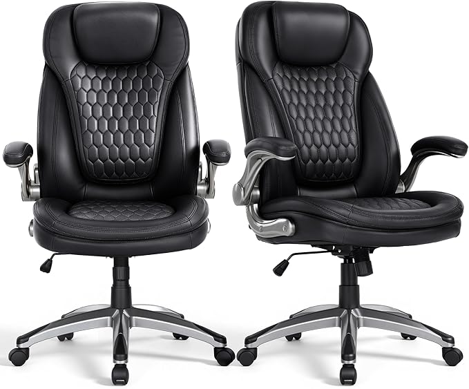 COLAMY High Back Executive Office Chairs, Ergonomic PU Leather Desk Chairs with Flip-Up Armrests, Adjustable Height, Lumbar Support, Comfortable Computer Chairs for Home Office, Set of 2
