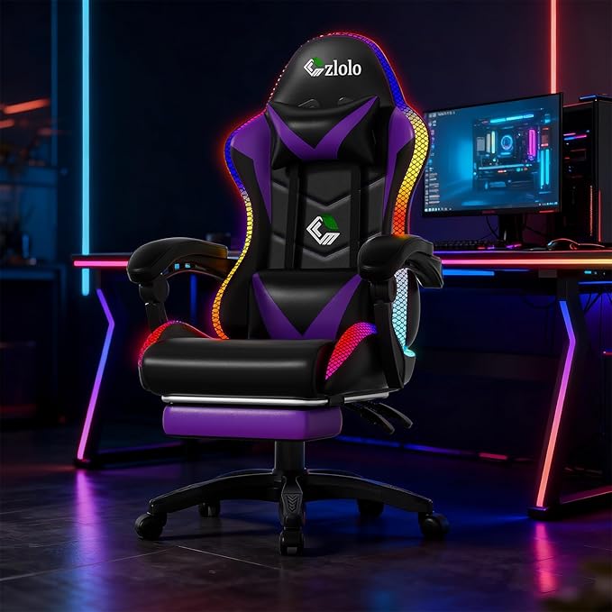 Gaming Chair, RGB LED Lights Computer Chair with Footrest, Lumbar Support Massager Gamer Chair, High Back, 90-135° Reclining, Linkage Armrests, Purple
