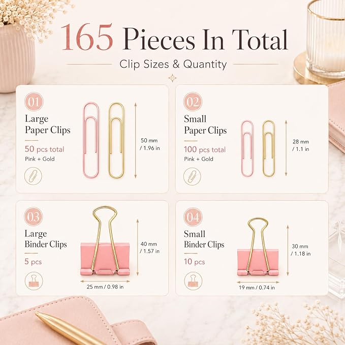 Paper Clips and Binder Clips Set, Pink & Gold, Assorted Size Clips | 165-Piece Decorative Paper Clip Set, Cute Desk Accessories for School, Home, Office, Desk, Planners and Documents