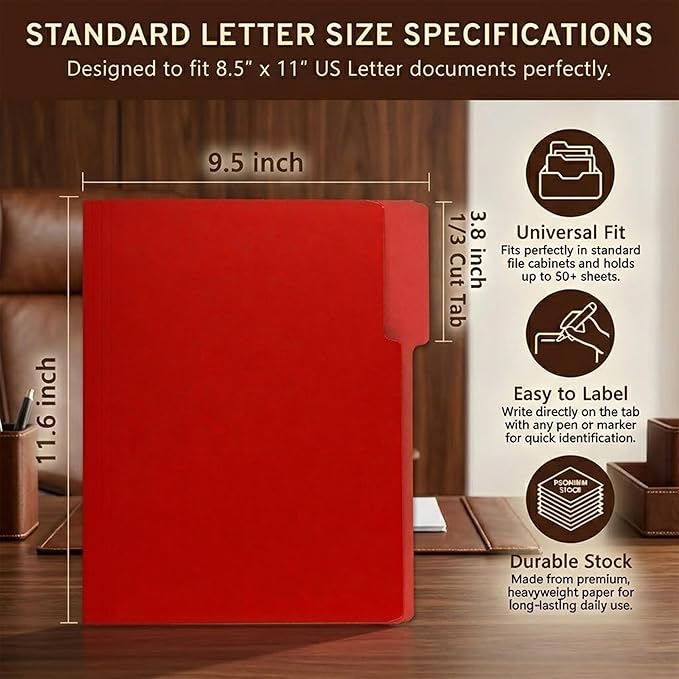 Packs Red File Folder,1/3-Cut Tabs,Paper File Folders Letter Size,8.5x11 Manilla File Folders for Office Filing,School Projects and Home,Organizer Documents