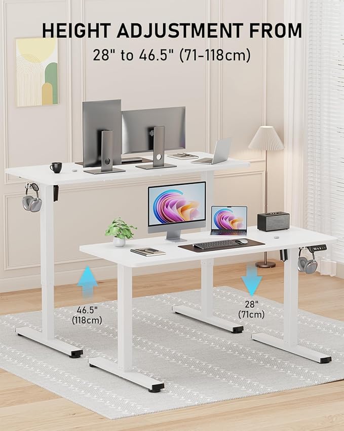 Electric Standing Desk, Large Height Adjustable Stand up Desk, 48 x 24 Inches Sit Stand Home Office Desk, with Splice Board, White Frame/White Top