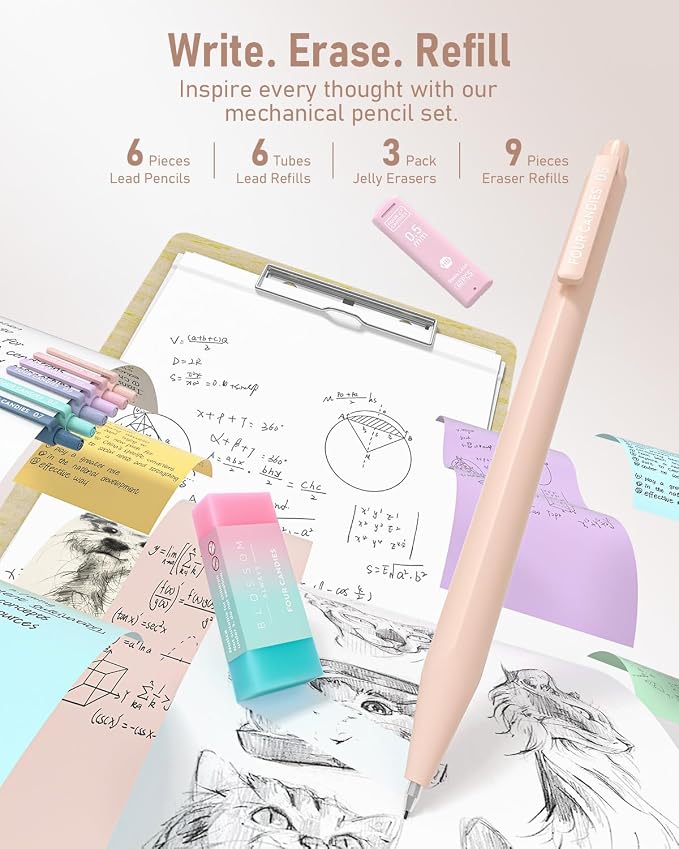 Four Candies School Supplies with Cute Pencil Case, 39ct, Cream | Back to School Stationery Set, Essentials for College & Nursing Students, 5 Gel Pens, 6 Mechanical Pencils, 12 Highlighters