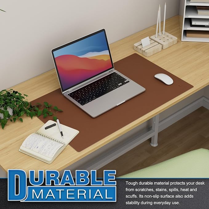 K KNODEL Small Office Desk Mat, Leather Mouse Pad (23.6"x13.8", Brown) | Desk Pad, Keyboard Pad, Computer and Laptop Mat, Desktop Protector and Cover, Writing Pad and Blotter for Home Office