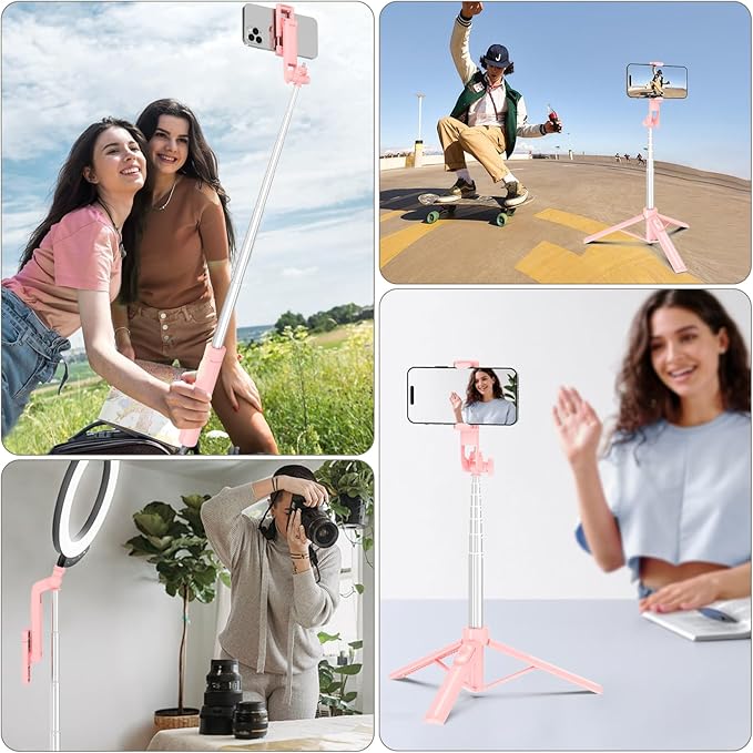 Selfie Stick Travel Tripod for Cell Phone with Remote Control and Phone Holder, Extendable Selfie Stick for iPhone, iPhone Tripod for Video Recording, 50 Inch, Pink