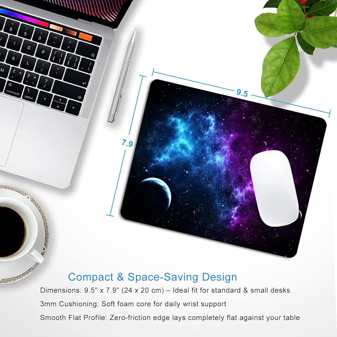 Purple Galaxy Mouse Pad, 9.5"x7.9" Non-Slip Computer Laptop Pad | Personalized mousepad with cosmic moon night print. Premium smooth fabric surface, 3mm cushion & rubber base.