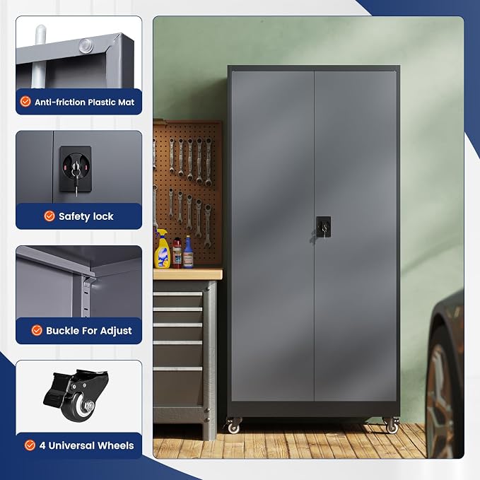 Metal Garage Storage Cabinet with Locking Doors and Adjustable Shelves,- 75" Rolling Steel Tool Cabinet for Home Office,Garage,Warehouse