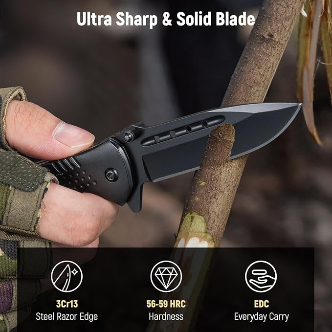 Pocket Knife for Men - Sharp Blade Wood Handle Pocket Folding Knives with Clip, Glass Breaker - EDC Knives for Survival Camping Fishing Hiking Women, Small, Black