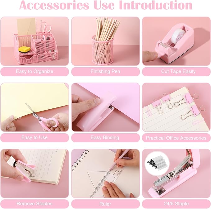 auroray Pink Desk Organizers and Accessories, Pink Office Supplies Include Mesh Desk Organizer, Tape Dispenser, Stapler, 1000 Staples, Staple Remover, Pen Holder, Clips Set, Ruler, Scissors
