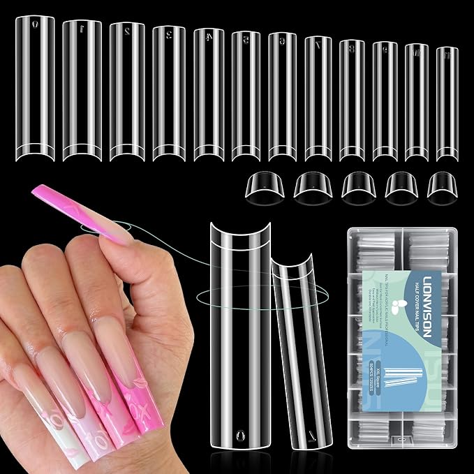 LIONVISON XXL Nail Tips Square: 504PCS Half Cover No C Curve Nail Tips | 12 Sizes Straight Tapered Square - Extra Long Clear Nails Tip for Acrylic Nails Professional Use for Home DIY
