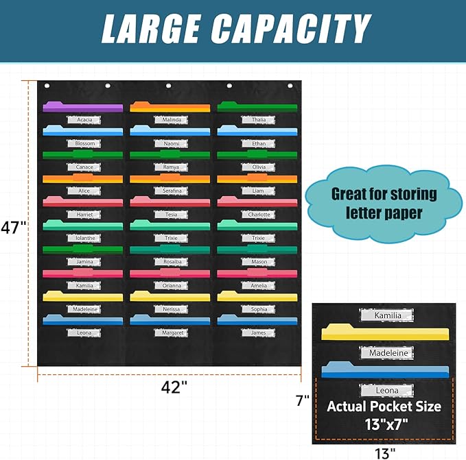 File Storage Pocket Chart with Nametag 30 Pockets,Hanging Wall File Organizer for Classroom and Office, Organize Your Assignments, Files, Scrapbooks, Paper