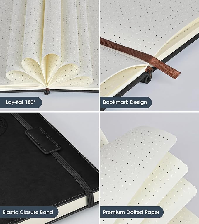 Dotted Journal Notebook for Women Men, 140 Pages Hardcover Dot Grid Notebooks for Work, School & Travel, Leather Journals for Writing, Bullet Journaling 5.7"×8.3" (Black)