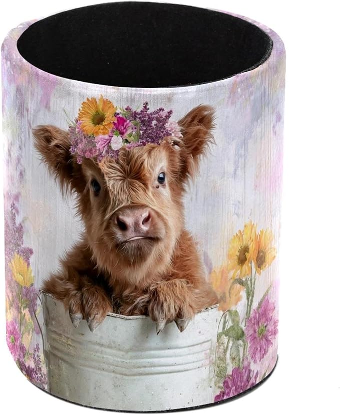 Leather Pen Holder for Desk, Highland Cow Purple Flower Pencil Cup Pen Organizer Makeup Brush Holder for Office Home Kids Countertop Desk Accessory Storage