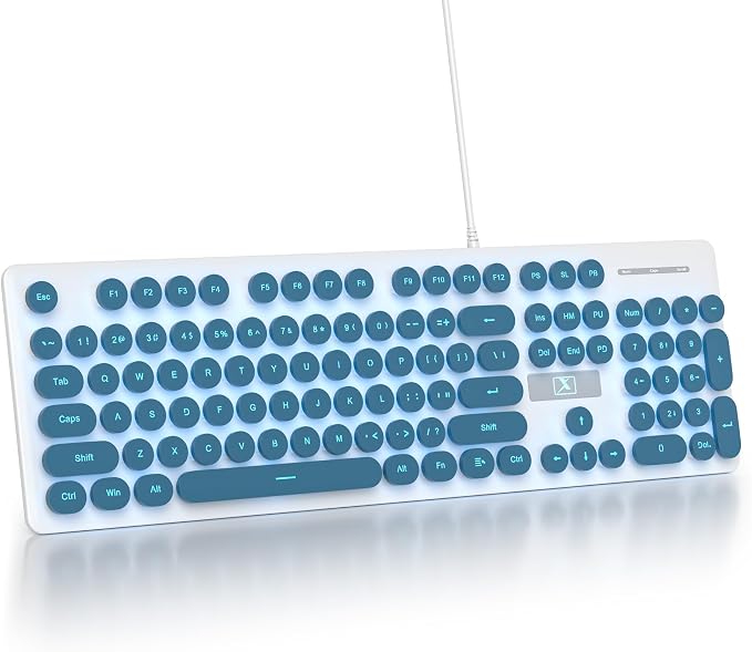 surmen Cute Quiet Keyboard Blue Wired Typewriter Keyboard, Light Up Backlit PC Keyboards with Retro Round Keys Full Size 104 Keys for Office Computer (Blue)