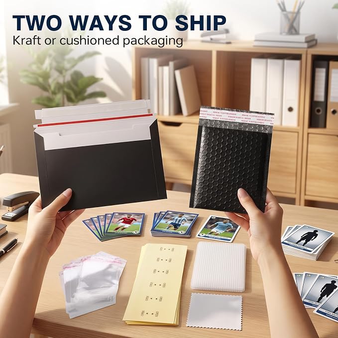 Trading Card Shipping Kit with Bubble Mailers, Kraft Envelopes and Sleeves | Includes card shipping protectors, clear bags and tape seals for layered protection, fast packing and everyday card shipping.