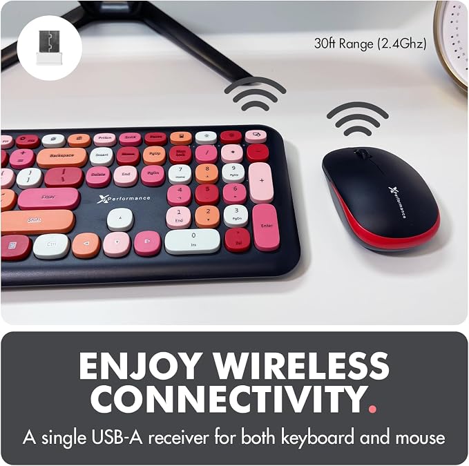 X9 Cute Wireless Keyboard and Mouse Combo - 2.4G Colorful Keyboard and Mouse Wireless with Retro Multi-Colored Typewriter, Keycaps for Windows Computer Keyboard, Laptop - Black