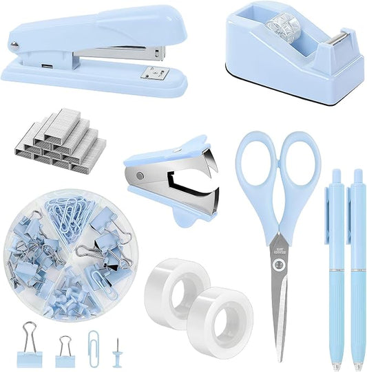 SKYDUE Blue Office Desk Accessories, Stapler and Tape Dispenser Set,10PCS | Blue Office Supplies, Stapler, Tape Dispenser, Scissors, Clips and 1000pcs Staples,Desk Supplies for Women