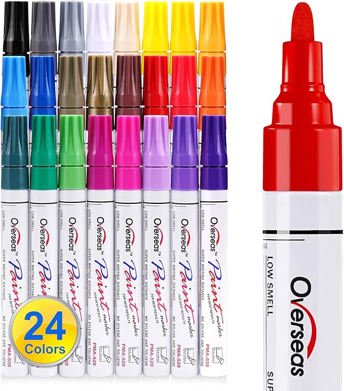 Overseas Paint Marker Pens - 24 Colors Permanent Oil Based Markers, Medium Tip, Quick Dry and Waterproof Assorted Color Paint Pen for Metal, Wood, Plastic, Stone, Mugs, Canvas, Glass, Art Craft