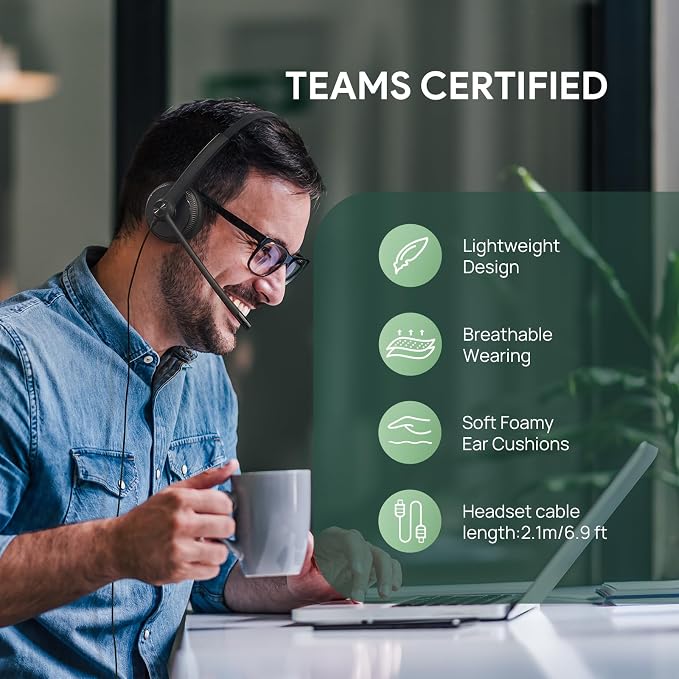 Yealink UH34 Wired Headset,USB-A,Noise Canceling Mic,in-Line Control,On-Ear | Teams/Zoom Certified, Stereo Headphones, Plug & Play for PC/Laptop/Phone, Call Center, WFH, Online Meeting, All-Day Comfort