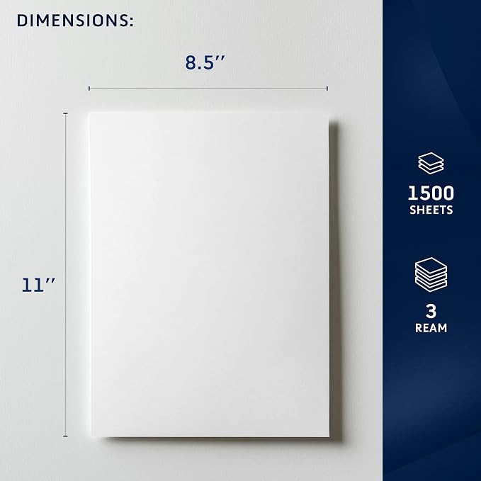 Printer Paper - 8.5 x 11 White Letter Size Copy Paper, 3 Reams 1500 Sheets 20 lb Printing Paper for Documents Writing, Drawing, Smooth, 92 Bright | Home, School, Office Supplies | Made in USA