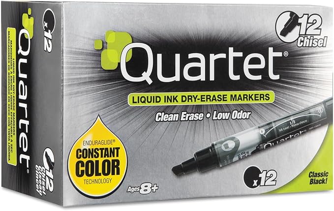 Quartet Dry Erase Markers, Whiteboard Markers, Chisel Tip, EnduraGlide, White Board Dry Erase Pens for Teachers, Home School & Office Supplies, Black, 12 Pack (5001-2M)