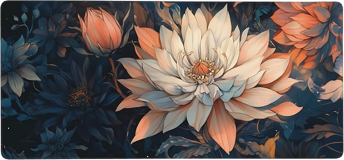 Floral Aesthetic Lotus Gaming Mouse Pad, Blue Pink Japanese Desk Mat with Anti-Slip Base & Stitched Edges, Office Supplies & Desk Decor for Women, 35.4" x 15.7" in Home Office Essentials