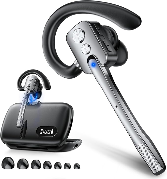 Bluetooth Headset, Wireless Headset with Dual-Mics & Noise Cancelling, Bluetooth Earpiece with Mute, V5.3 Hands-Free Headset with QCC Chip for Phone PC iOS Android