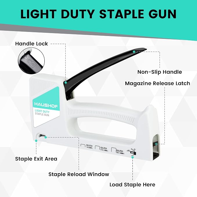 HAUSHOF Light Duty Staple Gun with 800-Count JT21 Staples & Stapler Remover | Upholstery Staple Gun Fits JT21 Staple of 1/4'', 5/16'' & 3/8'', Used for Wood, Classroom, Crafts, DIY (White)