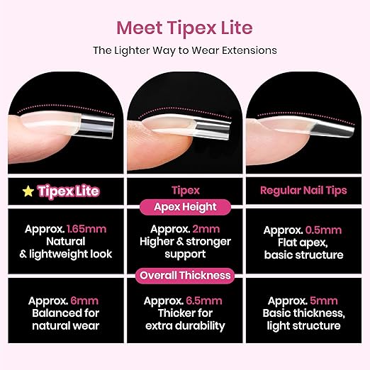 Beetles Tipex Lite Pre-Built Apex Nail Tips, Square XS Short, 256pcs Value Pack, 16 Sizes | 00-14, Flat-Nail Friendly Acrylic Tips for Natural Nail Beds, Easy for Beginner DIY