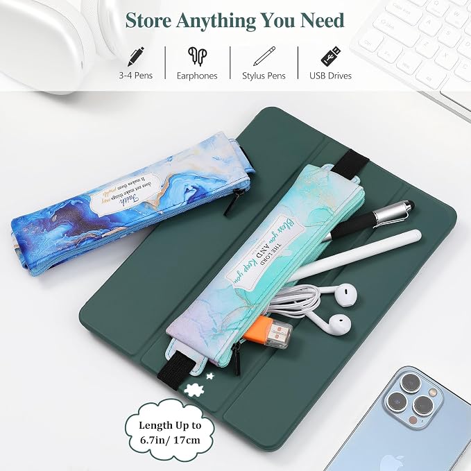 MoKo Elastic Pen Holder for Notebook, 4 Pack PU Leather Pouches, Marble | Adjustable 7.5–14.6 in bands secure the zippered pouches; each 7 × 2.2 in case holds at least 3–4 pens.