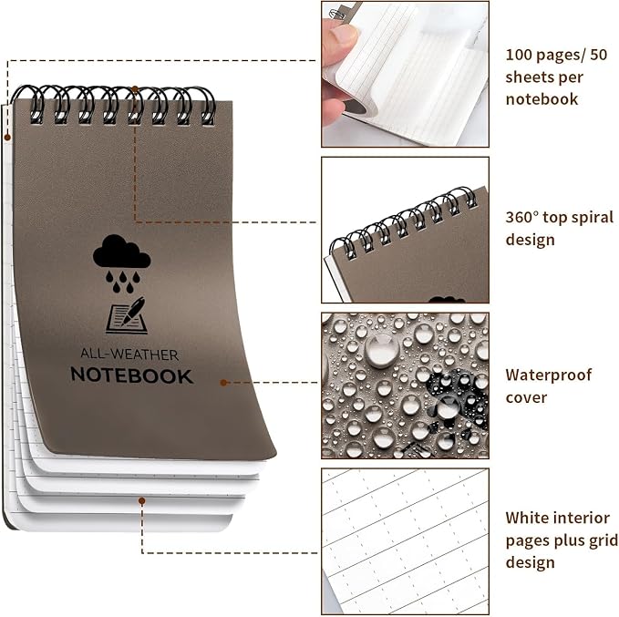 COIDEA Waterproof Notebook, 4 Pack 3" x 5" Top-Spiral Pocket Notepad | Weatherproof NotePad, All Weather Police Pocket Notebook Little Memo Steno Note Pads for Outdoor Office School