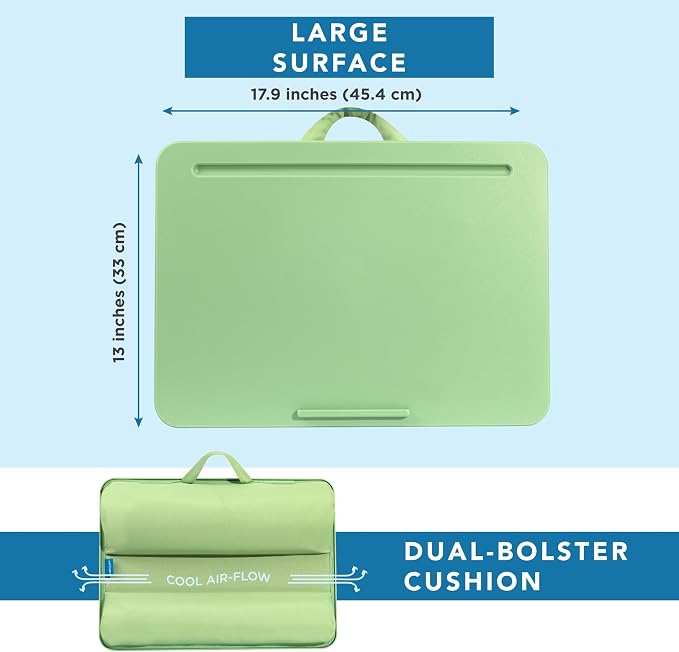 LAPGEAR The Original Lap Desk – Sage Green, Fits 17" Laptops | Microbead Cushion, Device Ledge, Built-In Pencil Tray, Carry Handle