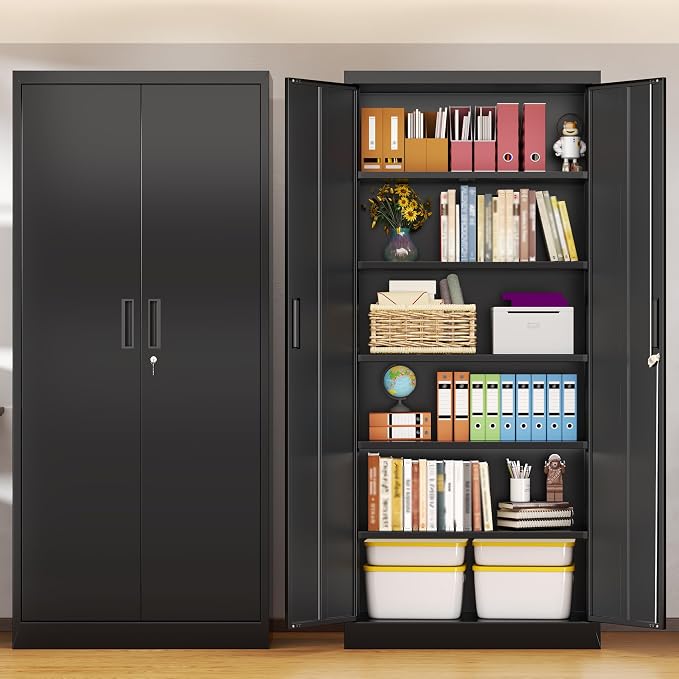 BESFUR Metal Storage Cabinet, 71" H Locking Storage Cabinet with 5 Adjustable Shelves, Metal Cabinets for Garage, Office, Home, Classroom- Black