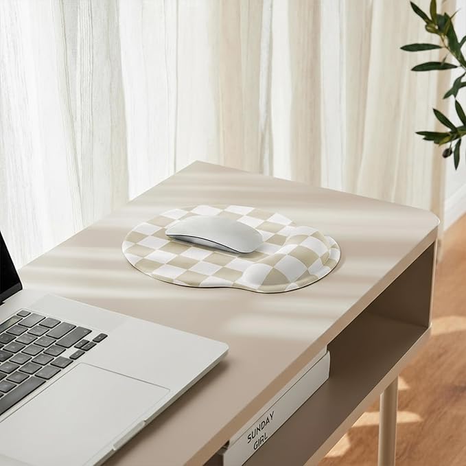 Beige White Checkered Mouse Pad with Gel Wrist Rest, Wrist Support, Ergonomic Desk Accessories for Women, Office Laptop Gaming Decor, Cute Aesthetic Check Design