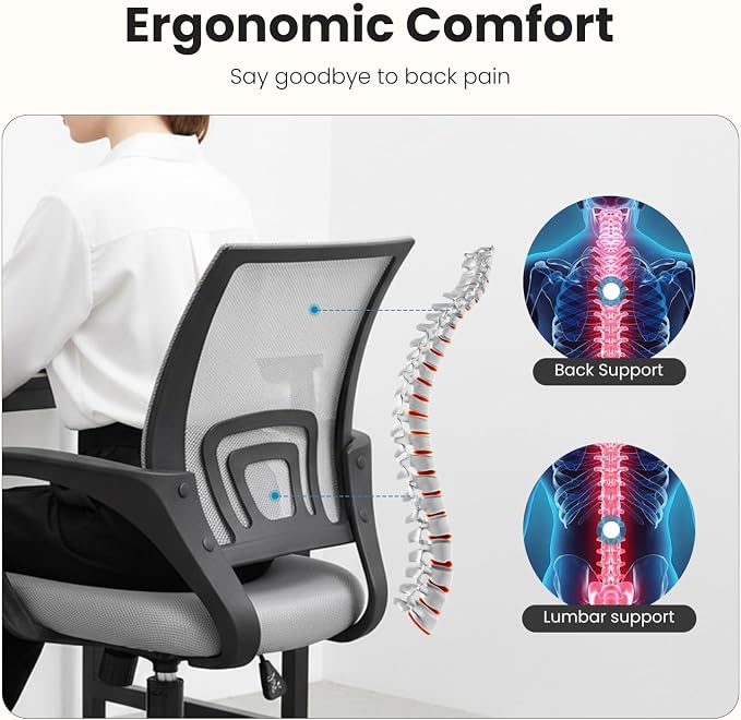 DUMOS Ergonomic Office Chair, Mid-Back Executive Desk Chair 2 Pack | Comfortable Lumbar Support, Breathable Backrest, Fixed Armrest, Height Adjustable, 360° Swivel, Computer Gaming, Grey