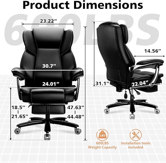 600lbs Big and Tall Office Chair for Heavy People,Heavy Duty Comfy Executive Office Desk Chair with Adjustable Lumbar Support,High Back Reclining PU Leather Computer Chair,Metal Base (Classic, Black)