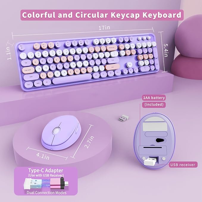 SkyGive Wireless Keyboard and Mouse Combo, Ergonomic Full Size Typewriter Retro Round Keycaps Keyboard, Compatible with Windows, PC, Perfer for Home and Office Keyboards (Lavender Purple