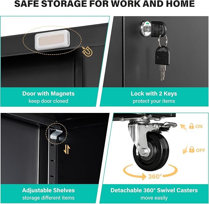 Wide & Deep Metal Storage Cabinet with Wheels,Tall Rolling Garage Storage Cabinet with Lock,Black Metal Cabinets with Shelves and Pegboards,Tool Locker for Garage,Home,Office,43''Wx 20''Dx71"H