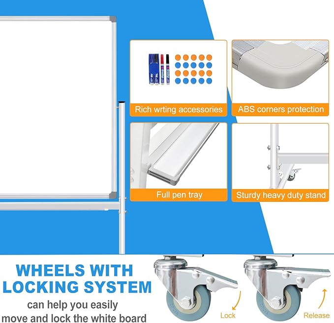 Double-Sided Mobile Whiteboard 48 x 36, Rolling Magnetic Board With Stands, Dry Erase on Wheels, Large White Board With 1 Eraser, 4 Markers and 20 Magnets