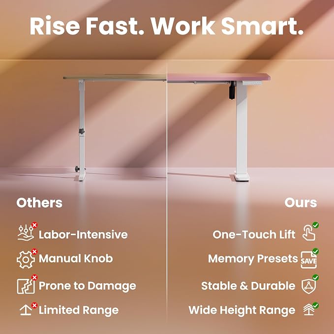 HUANUO 32x19 Inch Small Electric Standing Desk, Adjustable, Pink | 176 Lbs Capacity, Rounded Corners, Wheel-Ready Feet, Compact Desktop, Apartment Workspace, 28.3–46.5 Inch Height Range