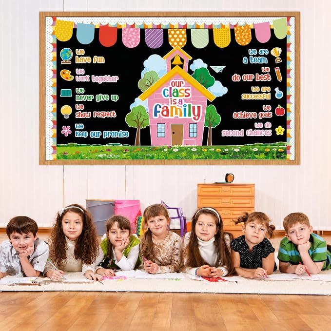 Our Class is A Family Motivational Bulletin Board Set – Colorful Positive Affirmation Classroom Decor – Inspirational Quote Paper Cutouts for Back to School, Nursery, Chalkboard & Wall Supplies