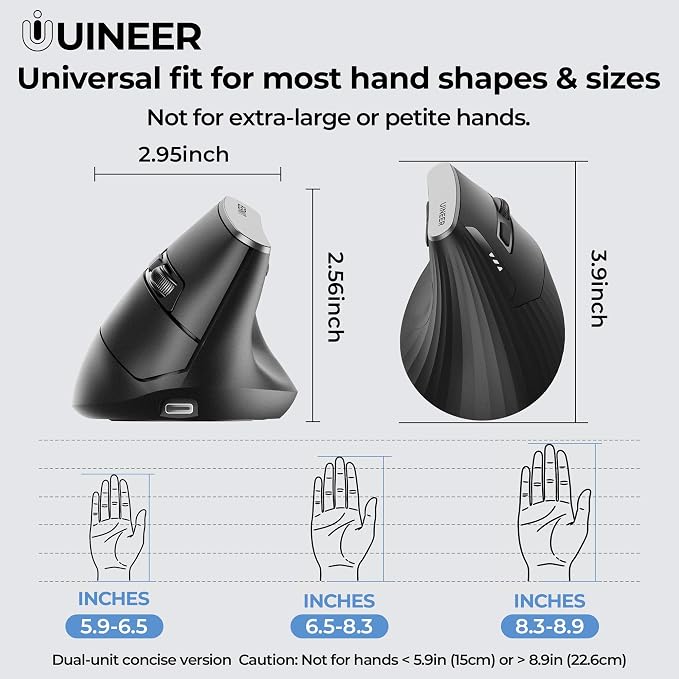 Uineer Ergonomic Vertical Mouse, 2.4G Wireless Mouse, Rechargeable, 4-DPI | Right-handed vertical design with 2.4G USB-A connection, rechargeable battery and visible battery level.