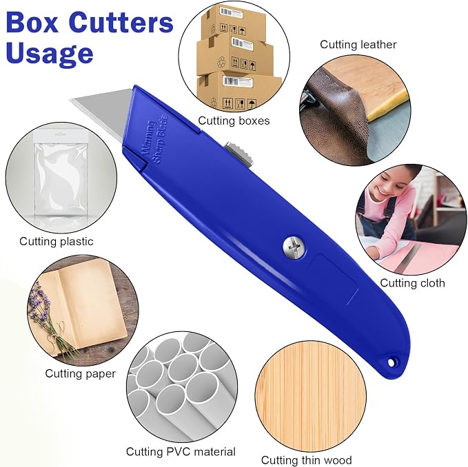 Lasnten 12 Pcs Box Cutter Bulk Retractable Utility Knife Heavy Duty Aluminum Alloy Carpet Knife Package Opener Cutter Blade for Cardboard Plastics Cartons DIY Home Warehouse Office(Blue)