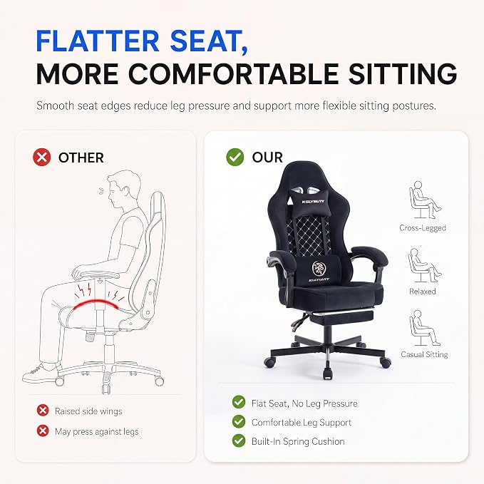 Desk Computer Gaming Chair - High Back Ergonomic Office Chair with Footrest and Lumbar Support, Swivel Comfy Home Gamer Video Game Chairs with Pocket Spring Cushion for Adults (Black Fabric)