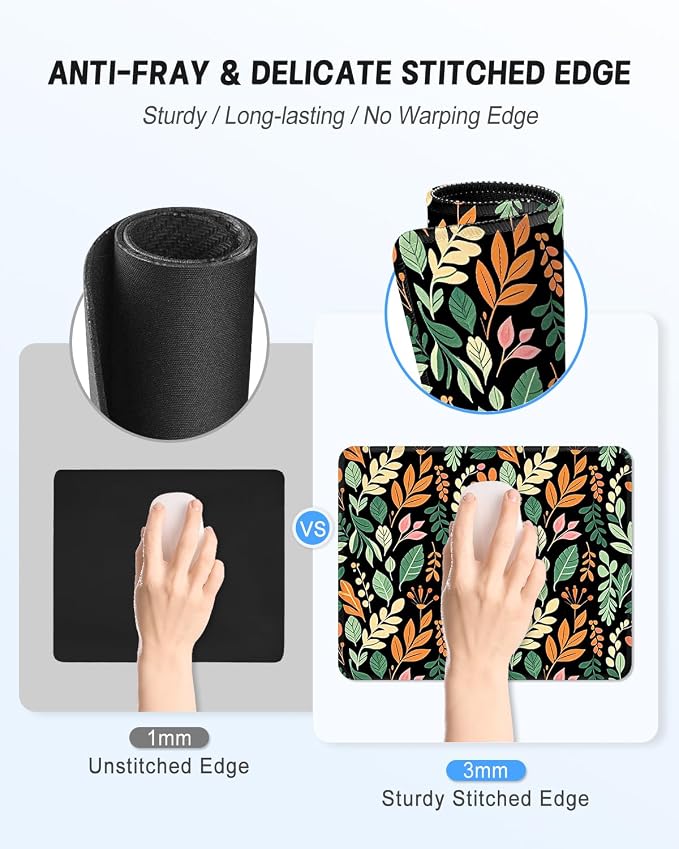 Mouse Pad, Cute Mouse Mat, 10" x 8", Black Leaf -01 | Square Waterproof Gaming Computer Mat, Textured Top, Stitched Edges, Non-Slip Rubber Base for Office Home Laptop Keyboard